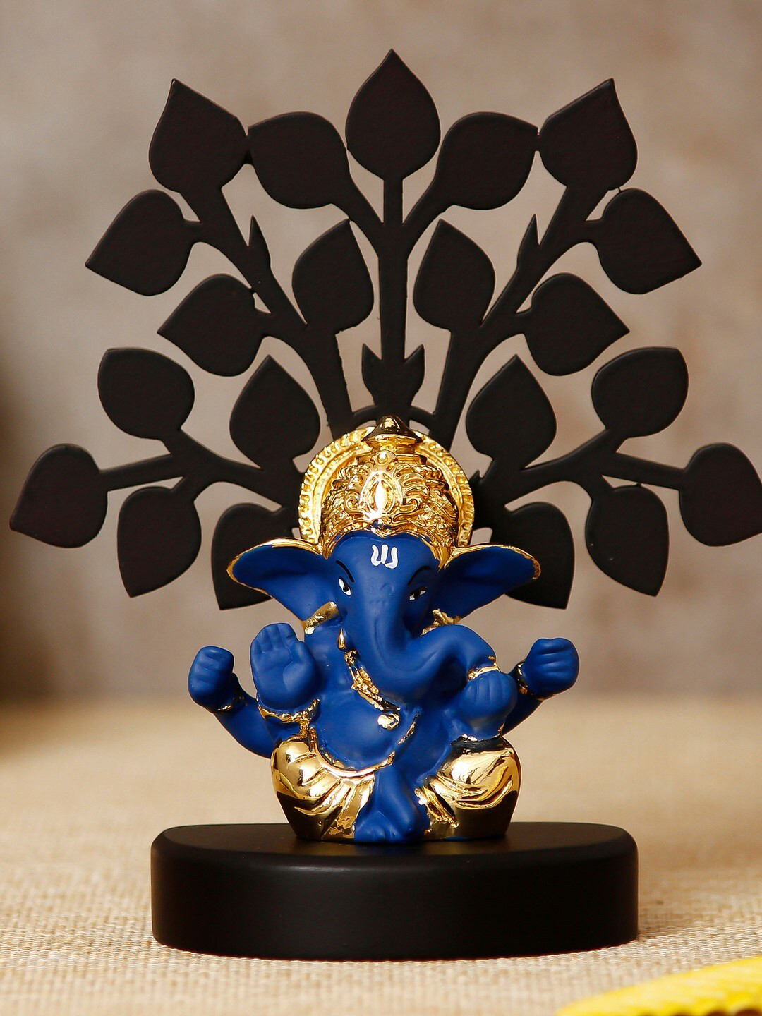 

eCraftIndia Gold-Plated & Blue Mukut Ganesha with Wooden Tree Showpiece