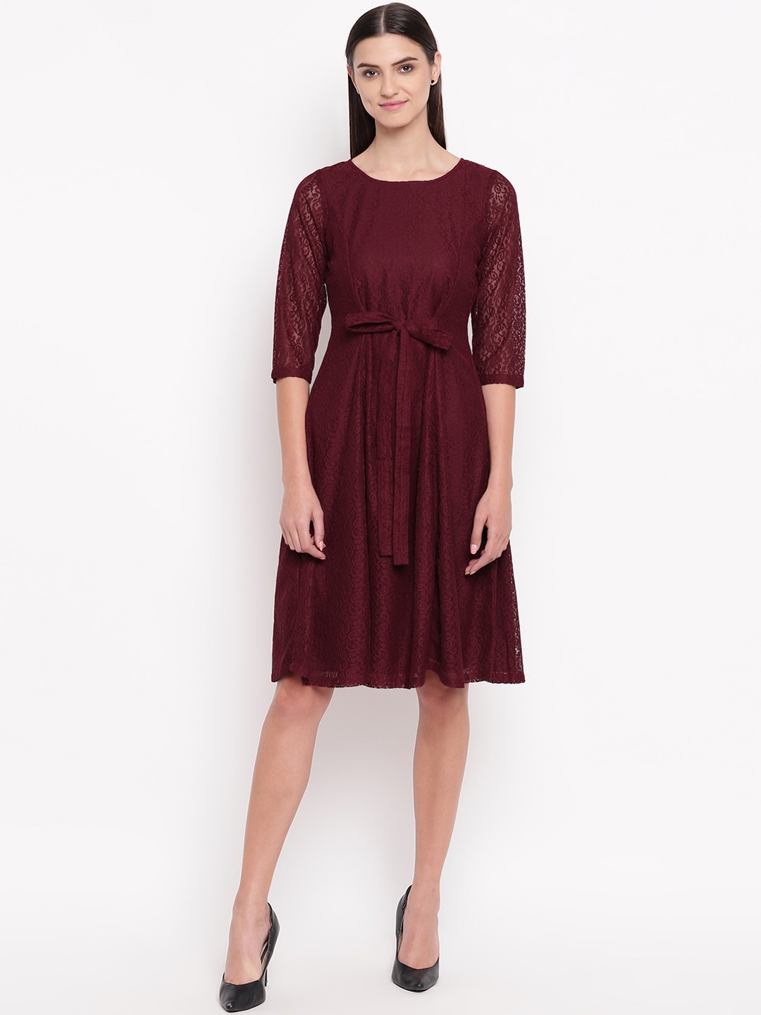 

AKIMIA Women Burgundy Lace Fit and Flare Dress