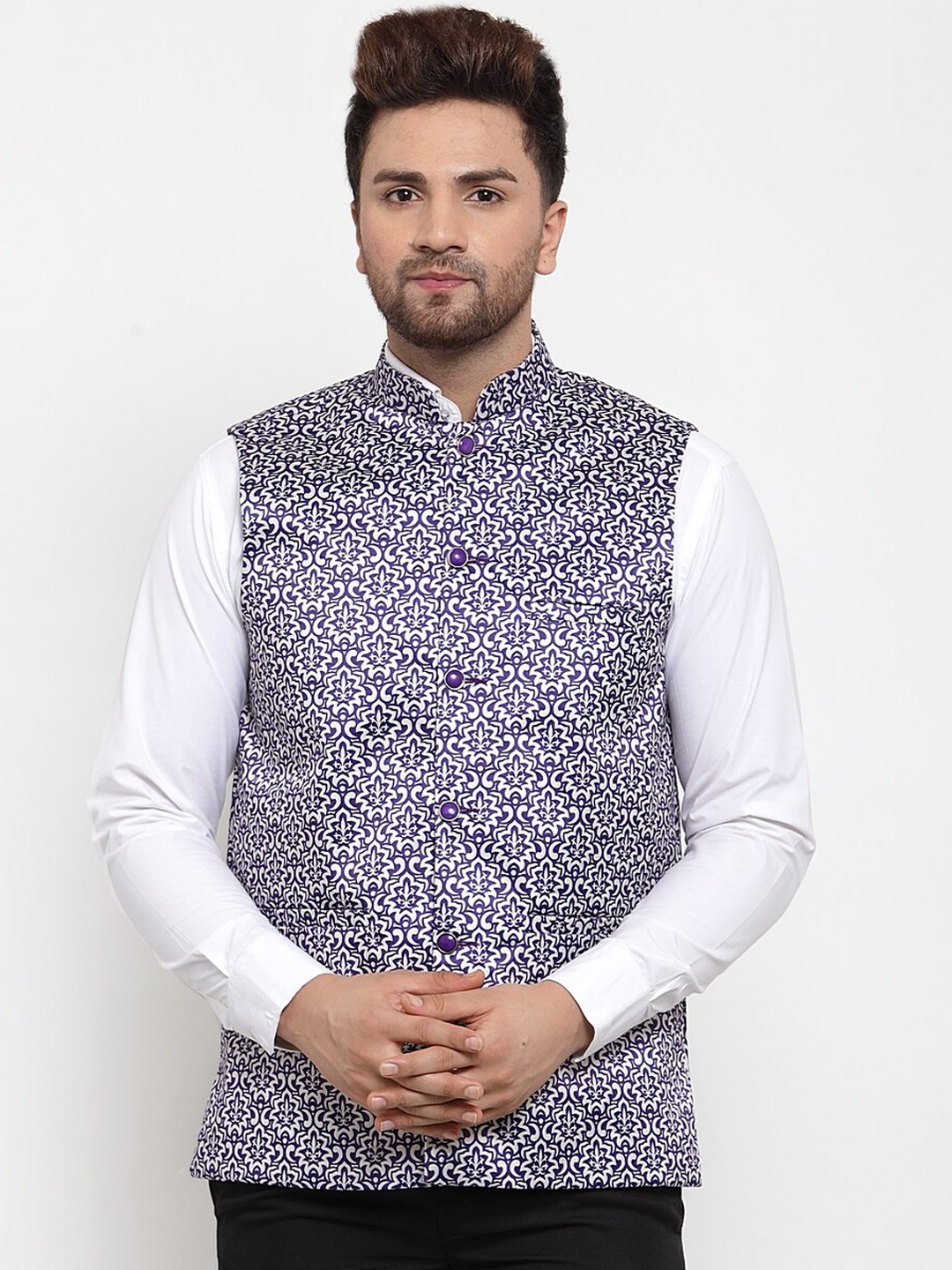 

Jompers Men Purple & White Printed Nehru Jacket