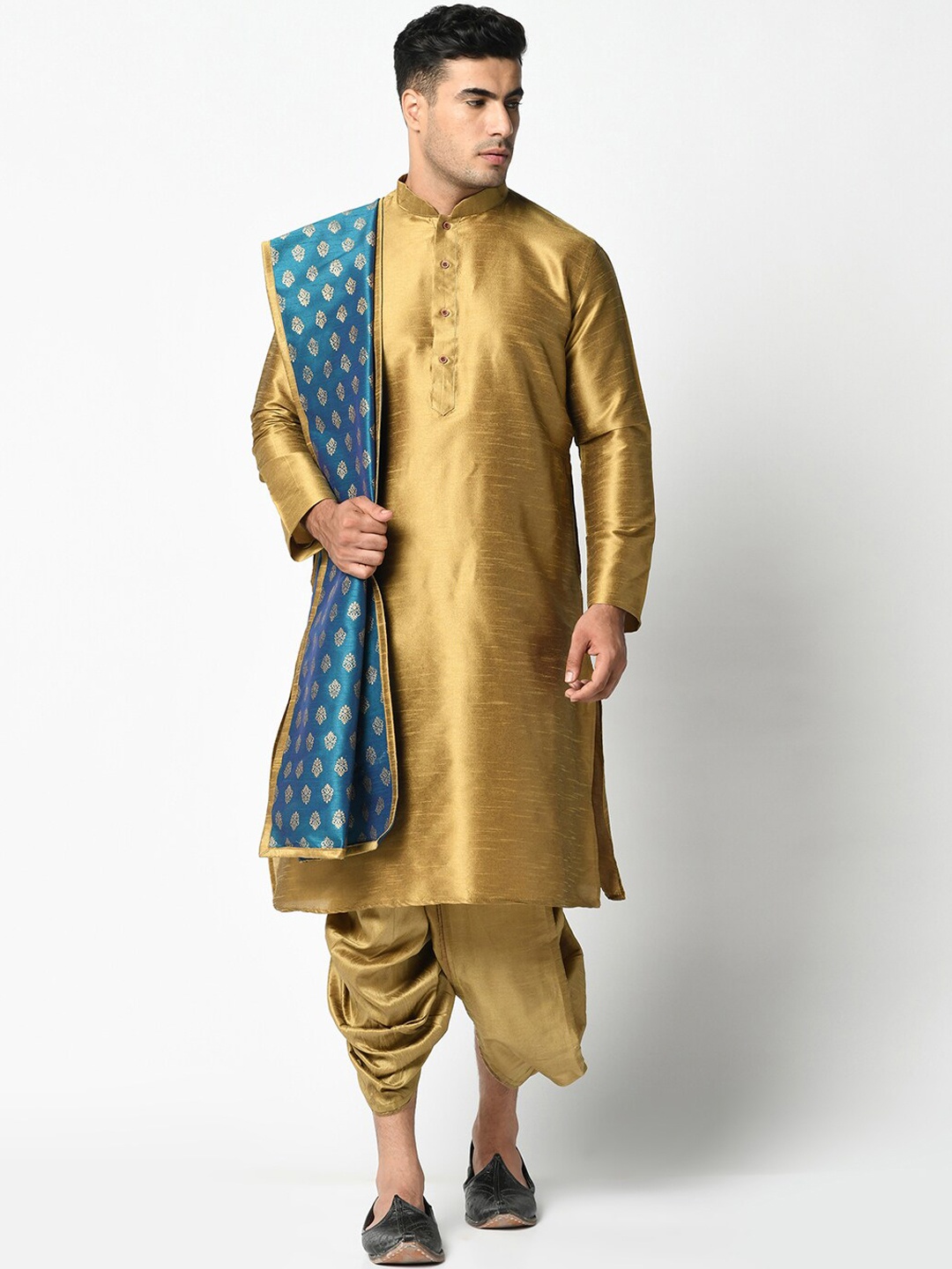

DEYANN Men Brown & Brown Solid Kurta with Dhoti Pants & Dupatta, Gold