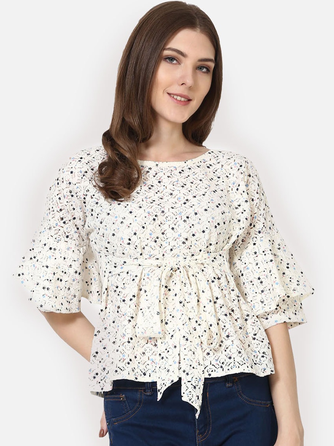 

AKIMIA Women Off-White Printed Cinched Waist Top