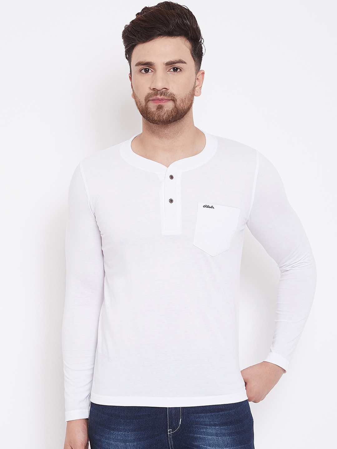 

Adobe Men White Solid Henley Neck T-shirt