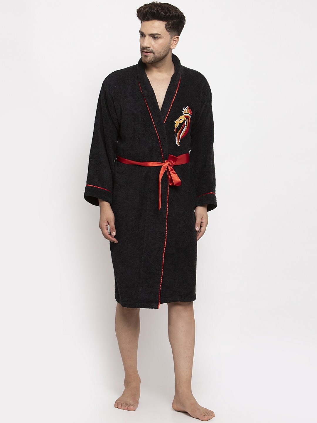 

DECOREALM Men Black Embroidered Bathrobe