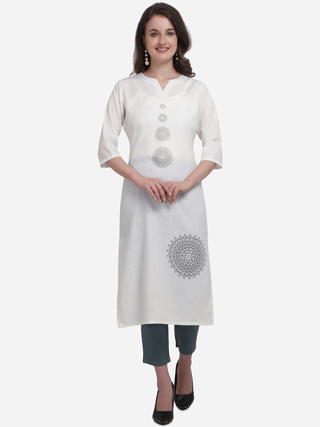 

Kvsfab Women White Printed Straight Kurta