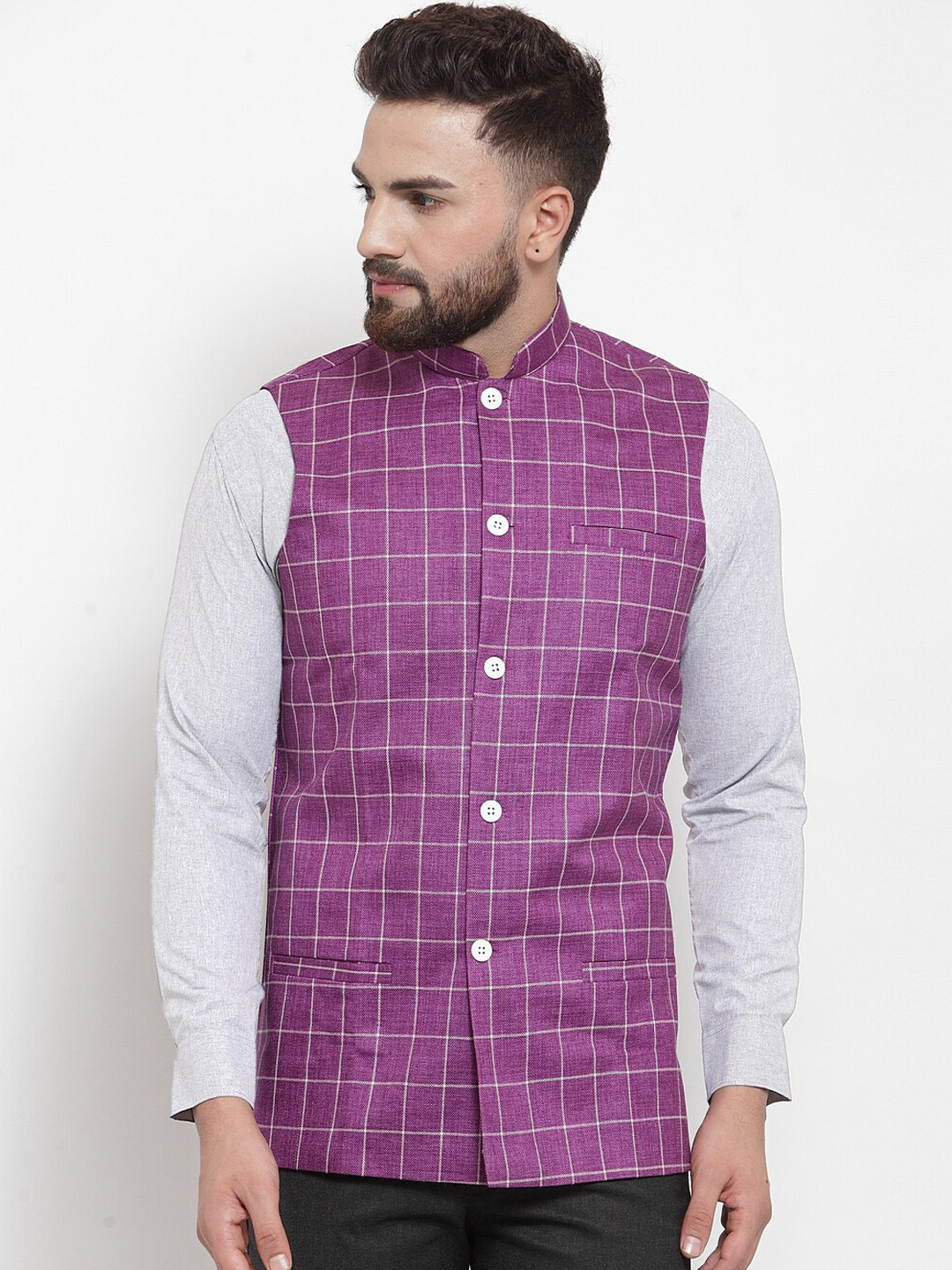 

Jompers Men Purple Checked Nehru Jacket