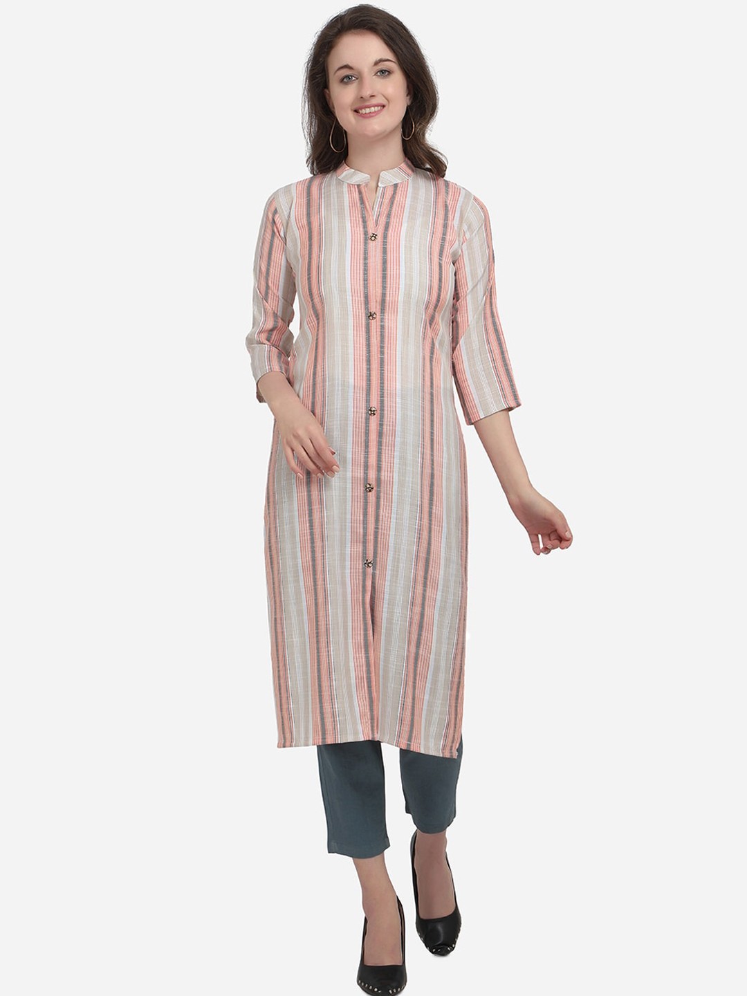 

Kvsfab Women Pink & Off-White Striped Straight Kurta