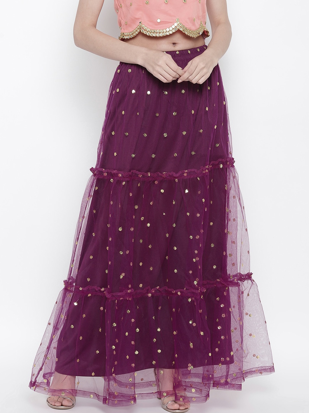 

AKIMIA Purple Sequinned Tiered Maxi Skirt