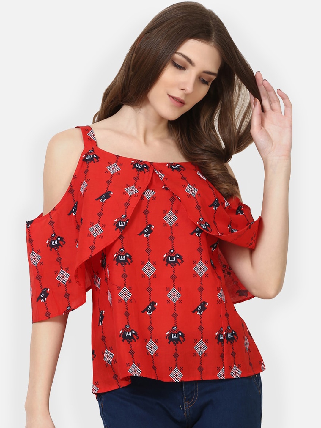 

AKIMIA Women Red Printed Pure Cotton Top