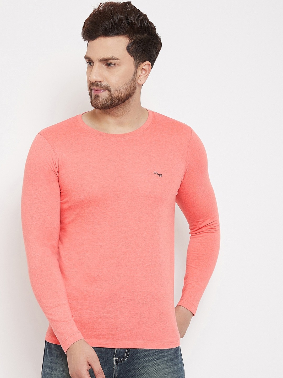 

Plagg Men Peach-Coloured Solid Round Neck T-shirt
