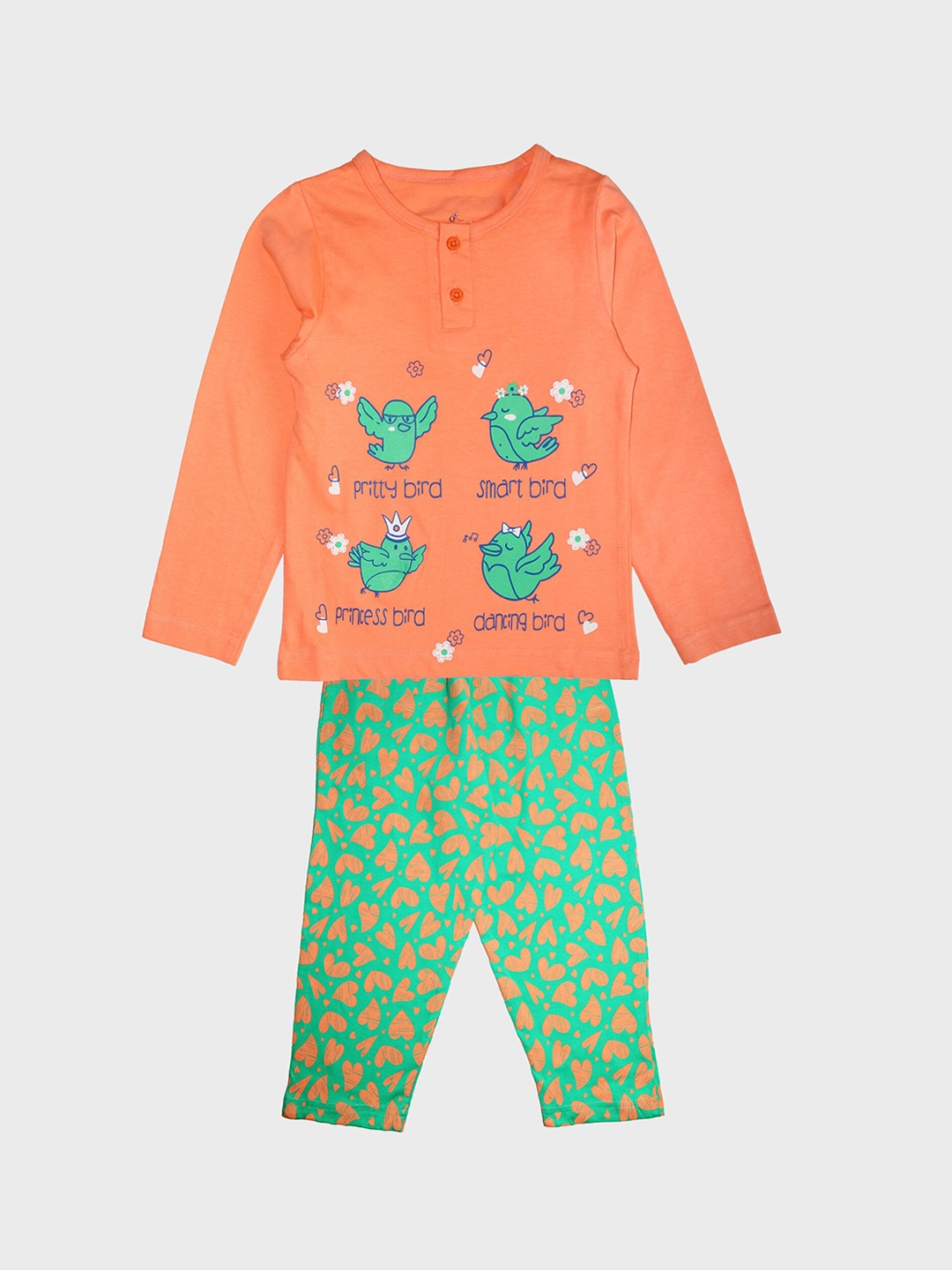 

KiddoPanti Girls Peach & Green Printed Night suit