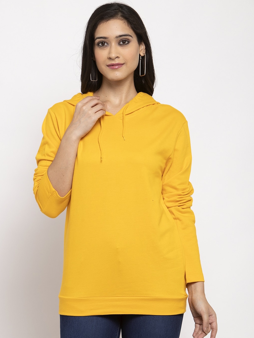 

DOOR74 Women Yellow Solid Hooded Sweatshirt