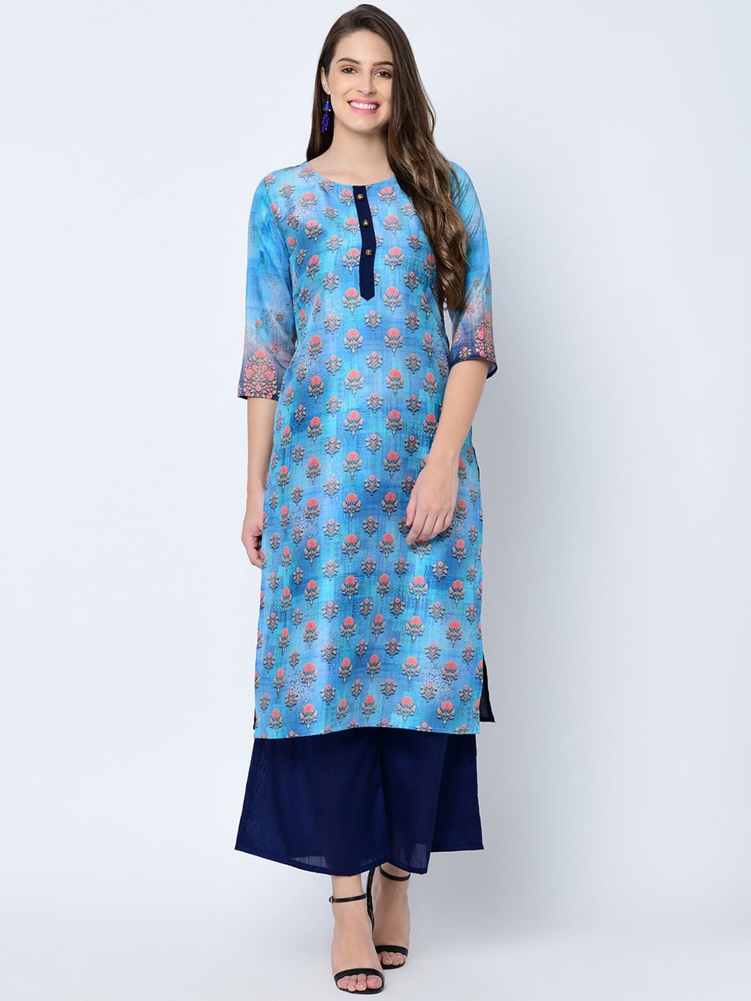 

ZIYAA Women Blue & Pink Printed Kurta with Palazzos