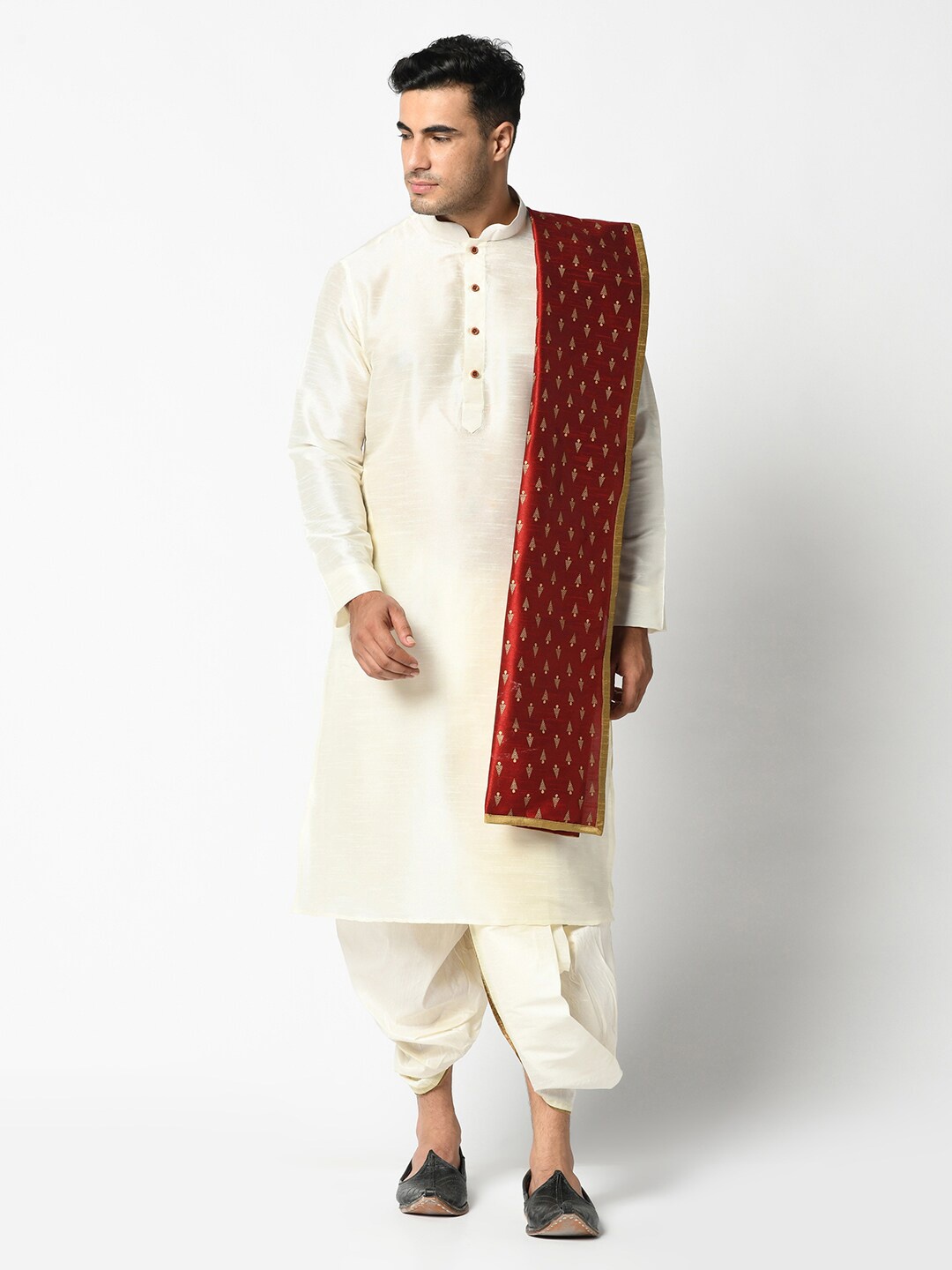 

DEYANN Men Off-White Striped Kurta with Dhoti Pants & Dupatta