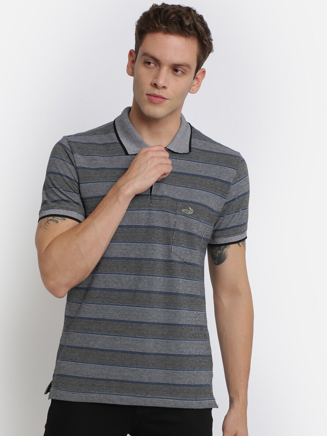 

Crocodile Men Grey Striped Polo Collar T-shirt