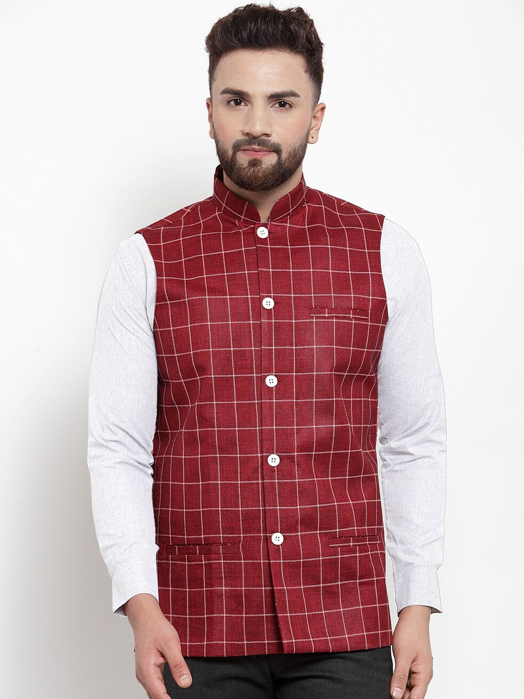 

Jompers Men Maroon Checked Nehru Jacket