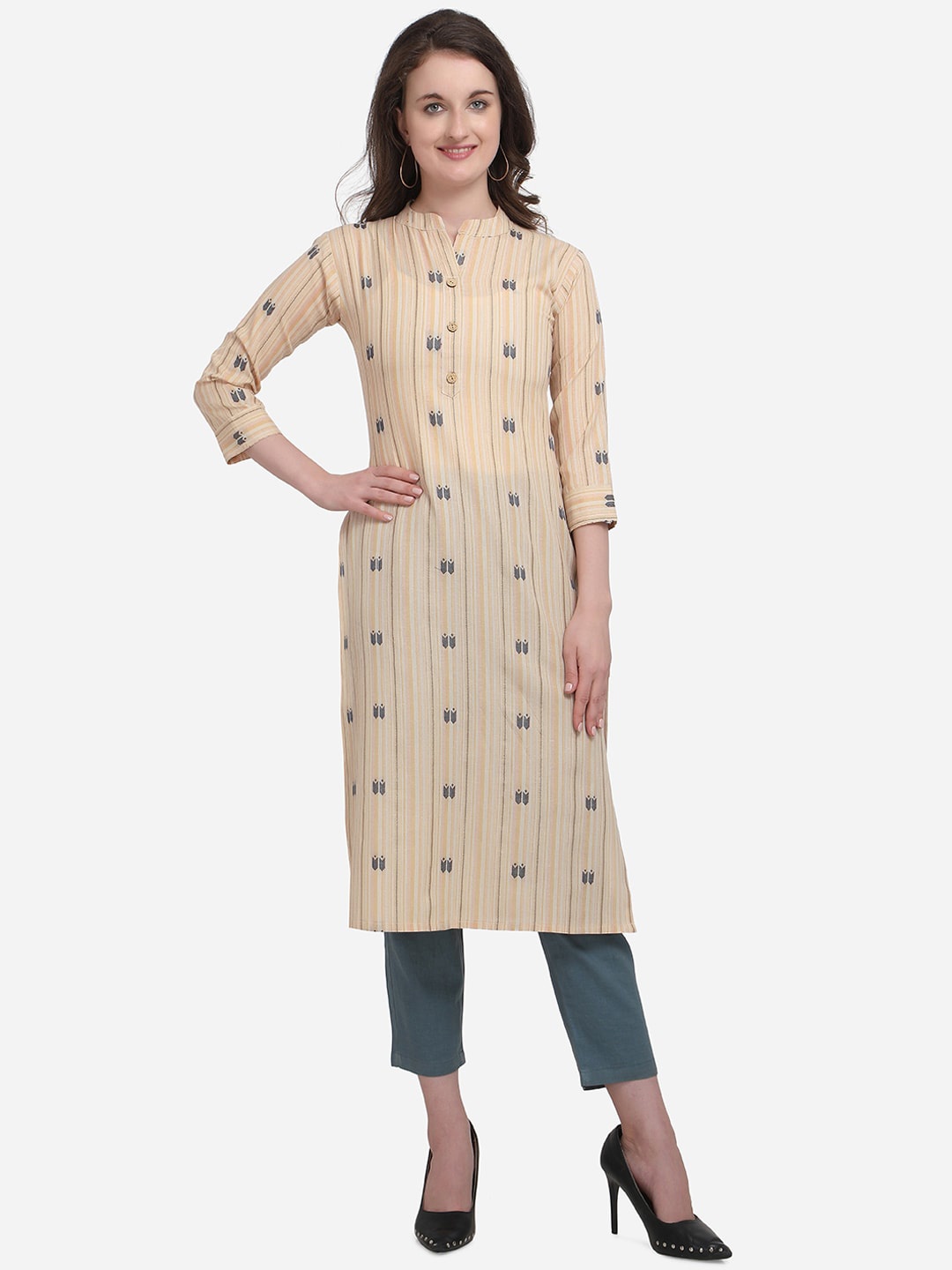 

Kvsfab Women Beige Striped Straight Kurta