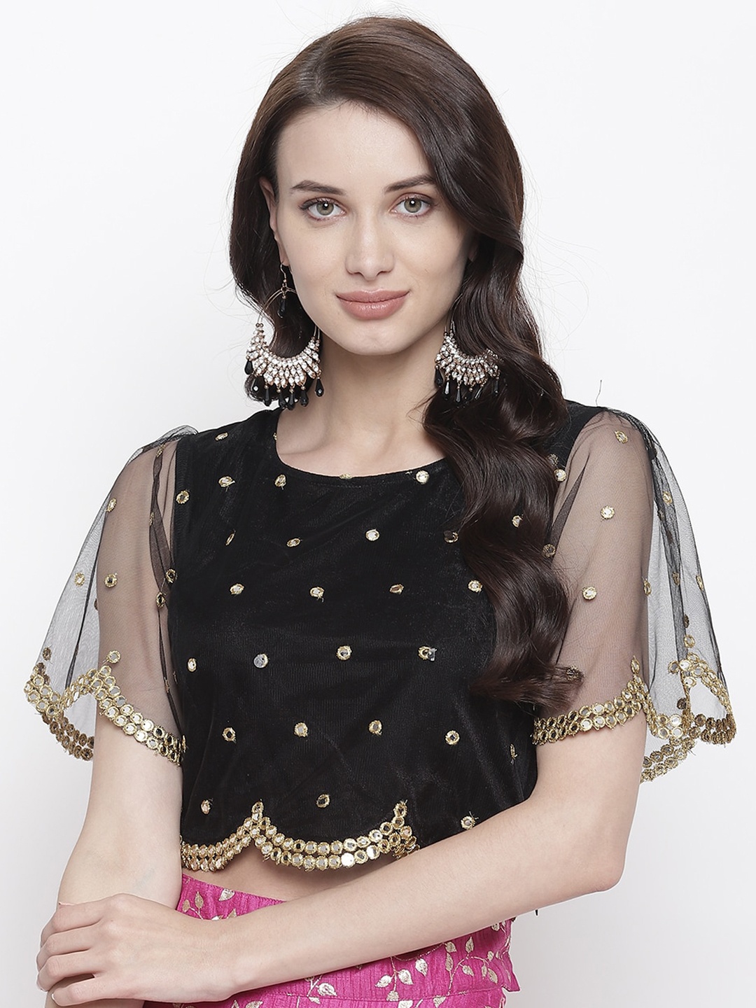 

AKIMIA Women Black Embellished Cape Scalloped Crop Top