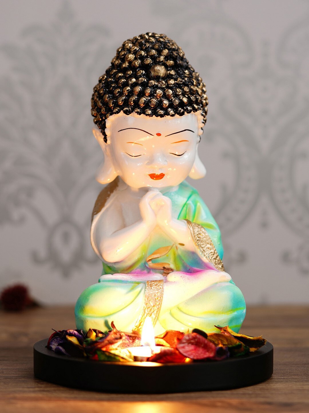 

eCraftIndia White & Green Praying Monk Buddha With Wooden Base Fragranced Petals & Tealight Handcrafted Showpiece