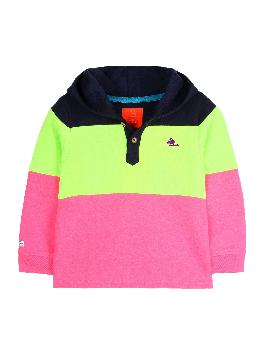 Cherry Crumble Unisex Kids Pink & Fluorescent Green Colourblocked Hooded Sweatshirt