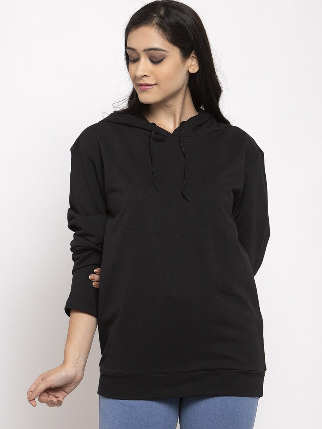 

DOOR74 Women Black Solid Hooded Sweatshirt