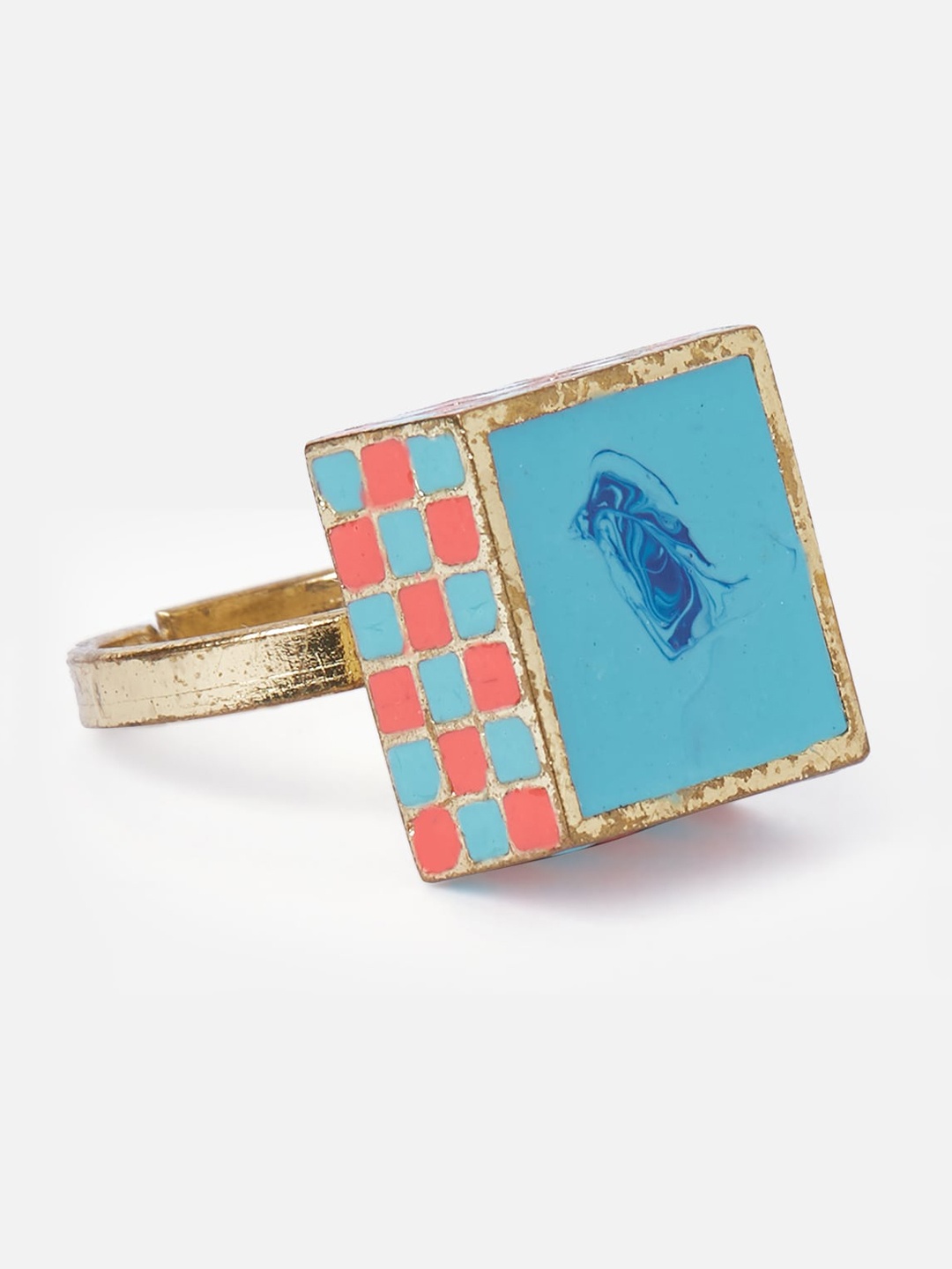 

Globus Gold-Plated Blue & Orange Ethnic Finger Ring