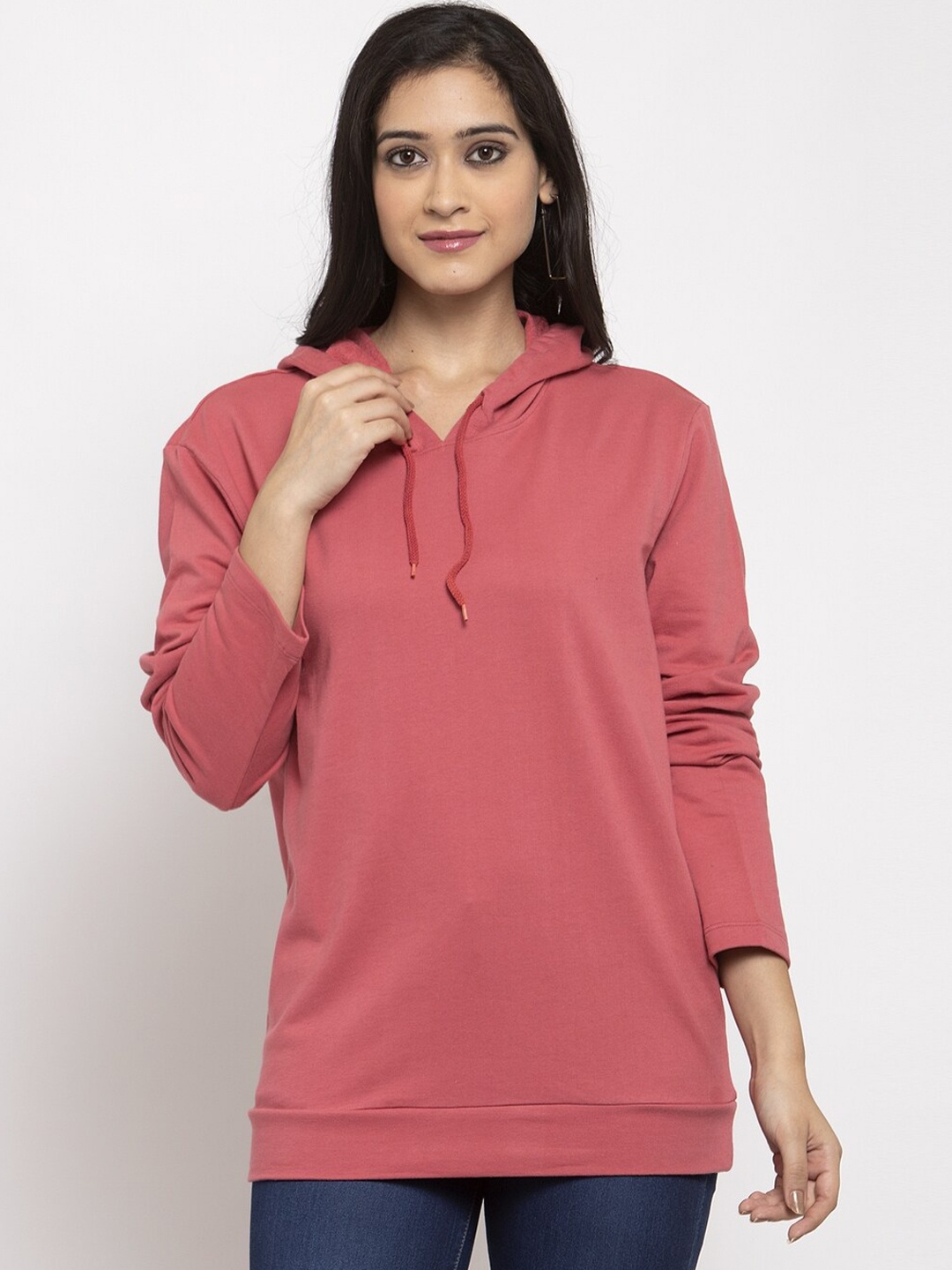 DOOR74 Women Pink Solid Hooded Sweatshirt