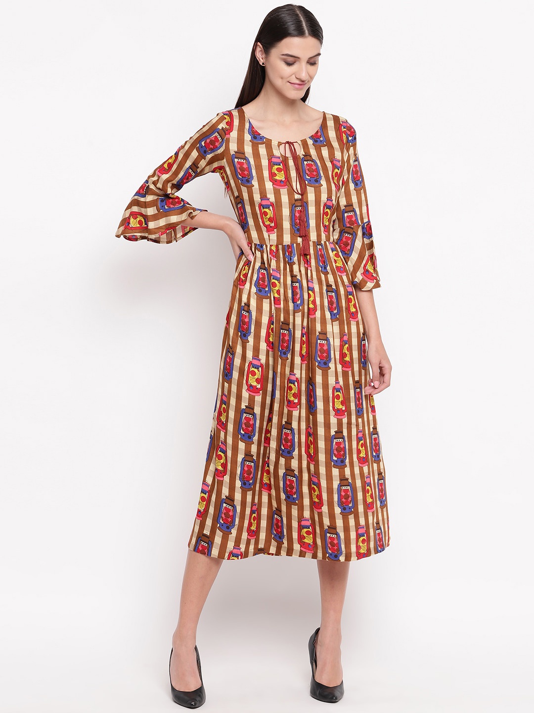 

AKIMIA Women Multicoloured Printed Fit and Flare Dress, Multi
