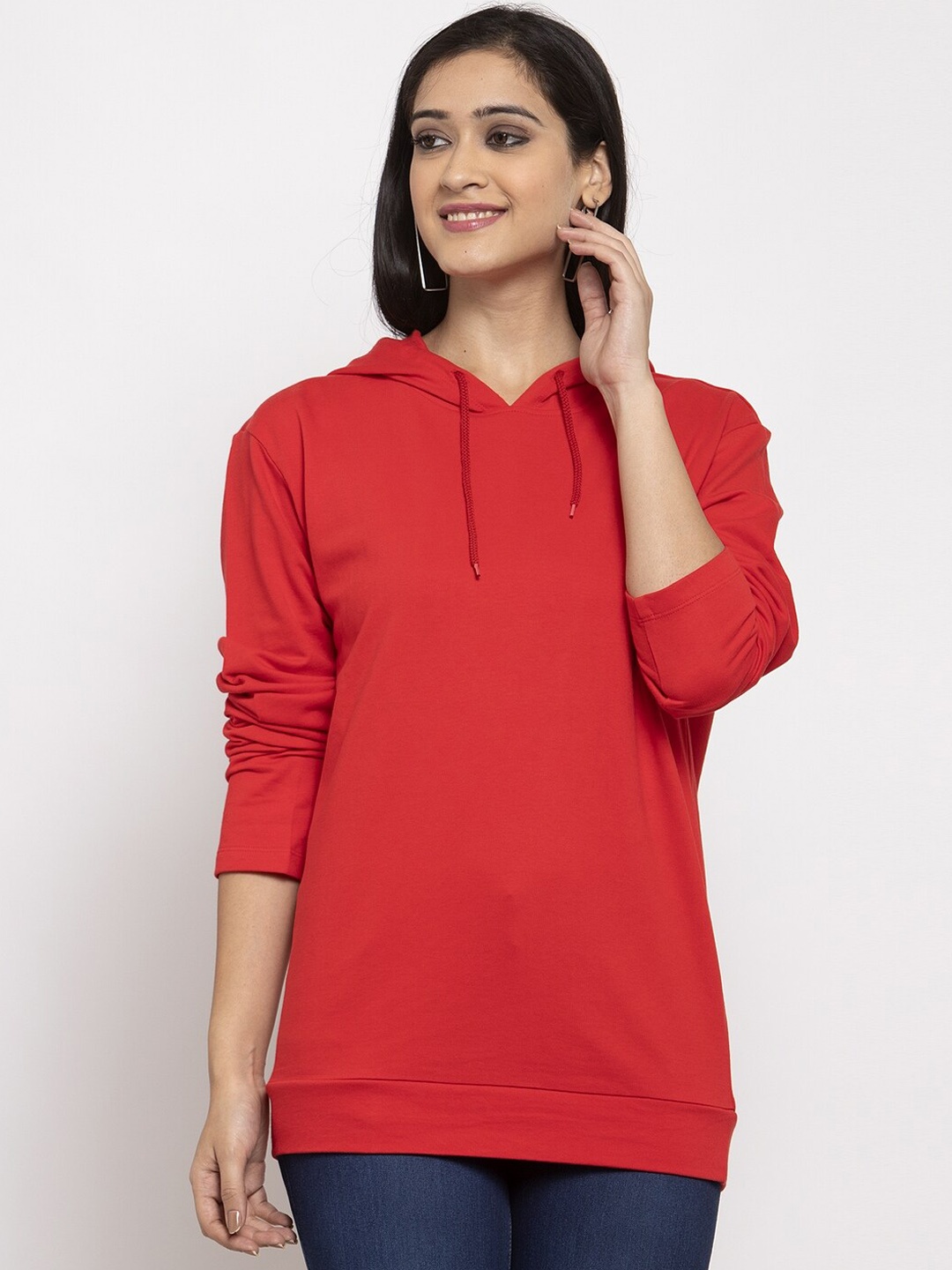 DOOR74 Women Red Solid Hooded Sweatshirt