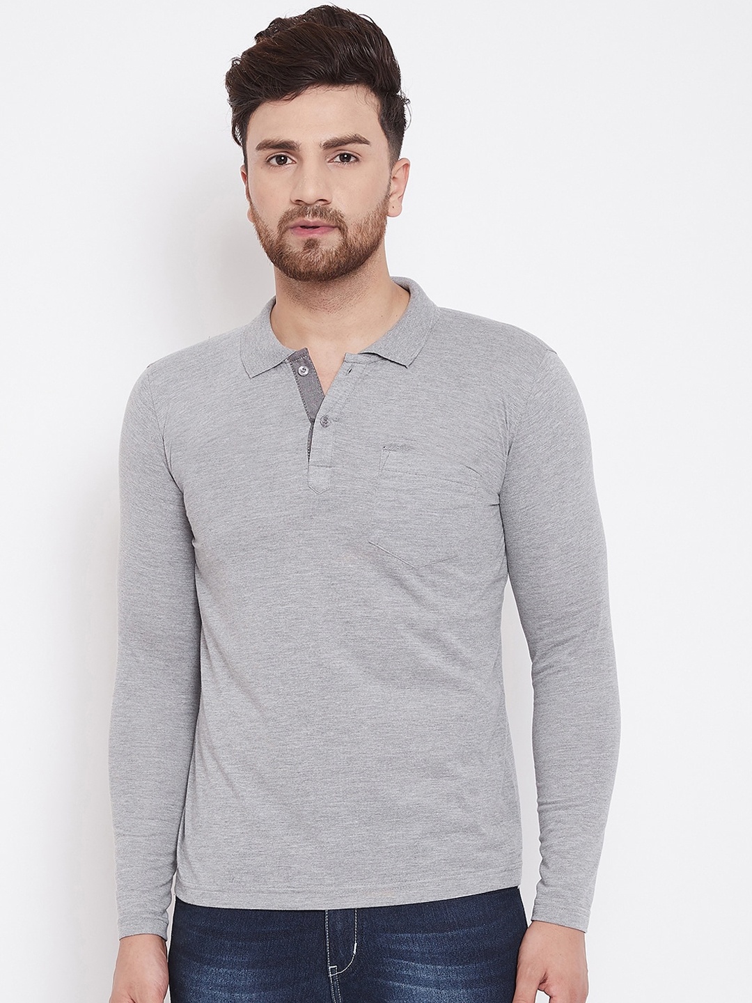 

Adobe Men Grey Melange Solid Polo Collar T-shirt