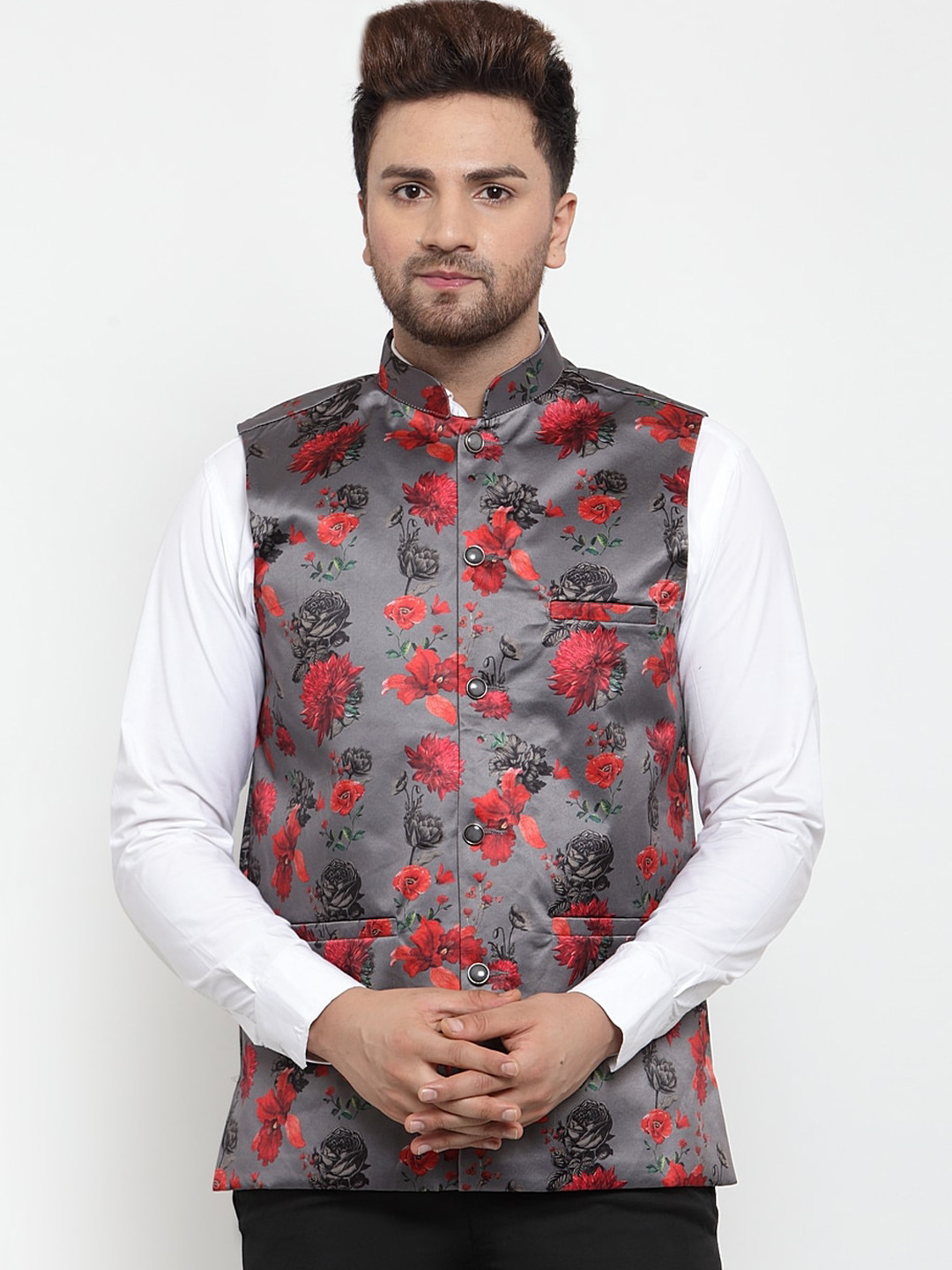 

Jompers Men Grey & Red Printed Nehru Jacket
