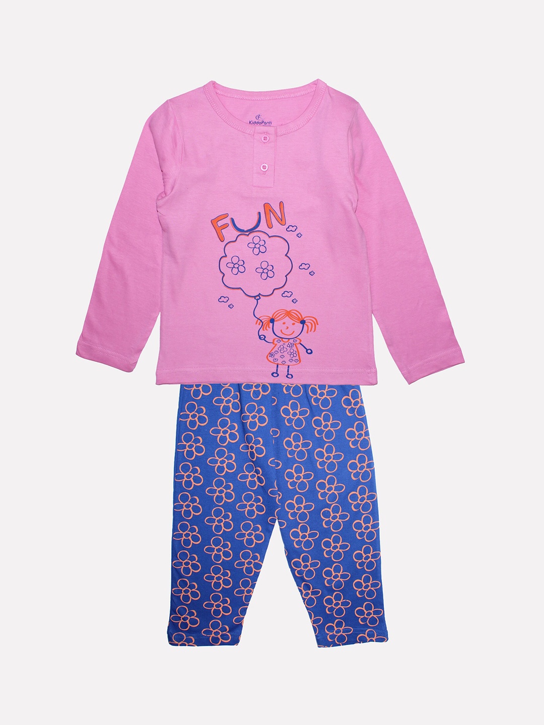 

KiddoPanti Girls Pink & Blue Printed Night suit