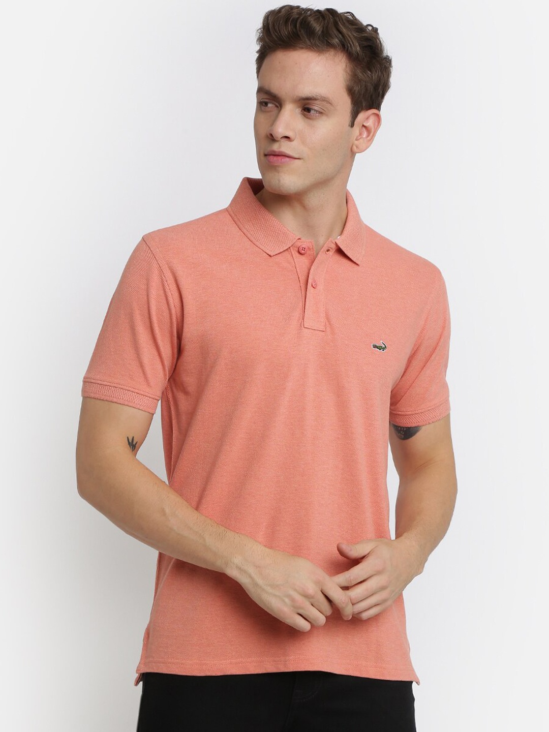 

Crocodile Men Peach-Coloured Solid Polo Collar T-shirt