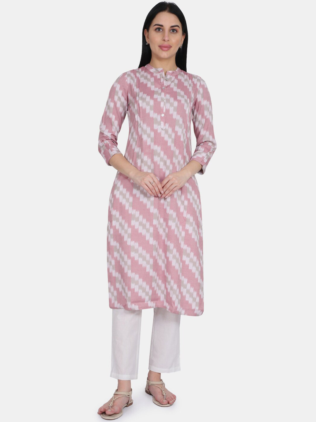 

Be Indi Women Pink & White Printed Straight Kurta