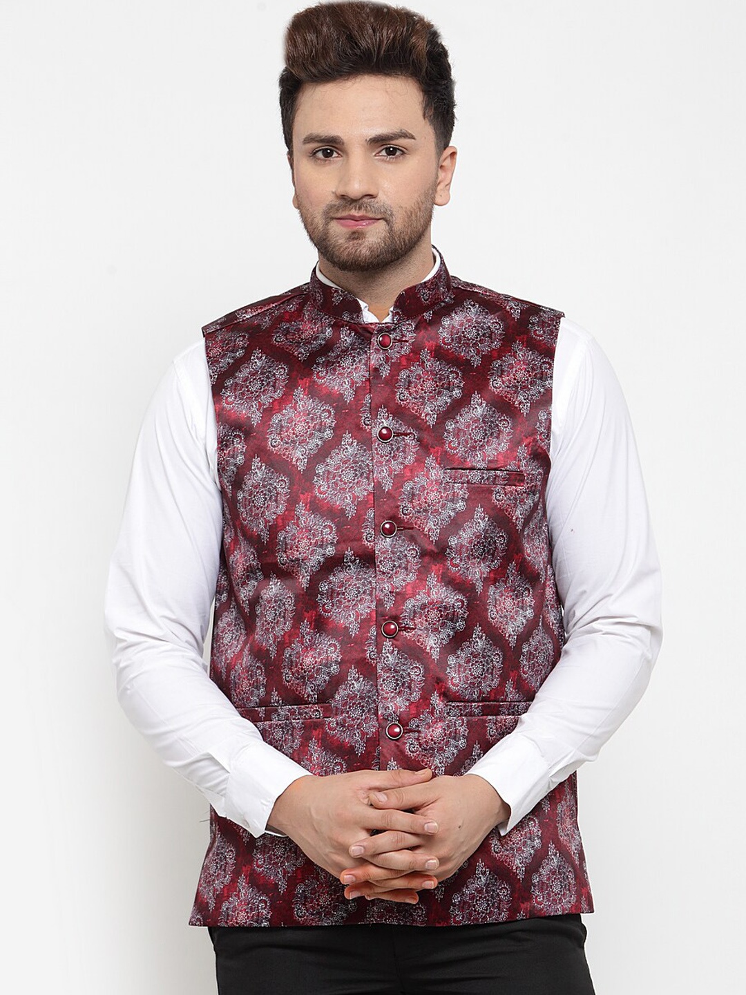 

Jompers Men Maroon & White Printed Nehru Jacket