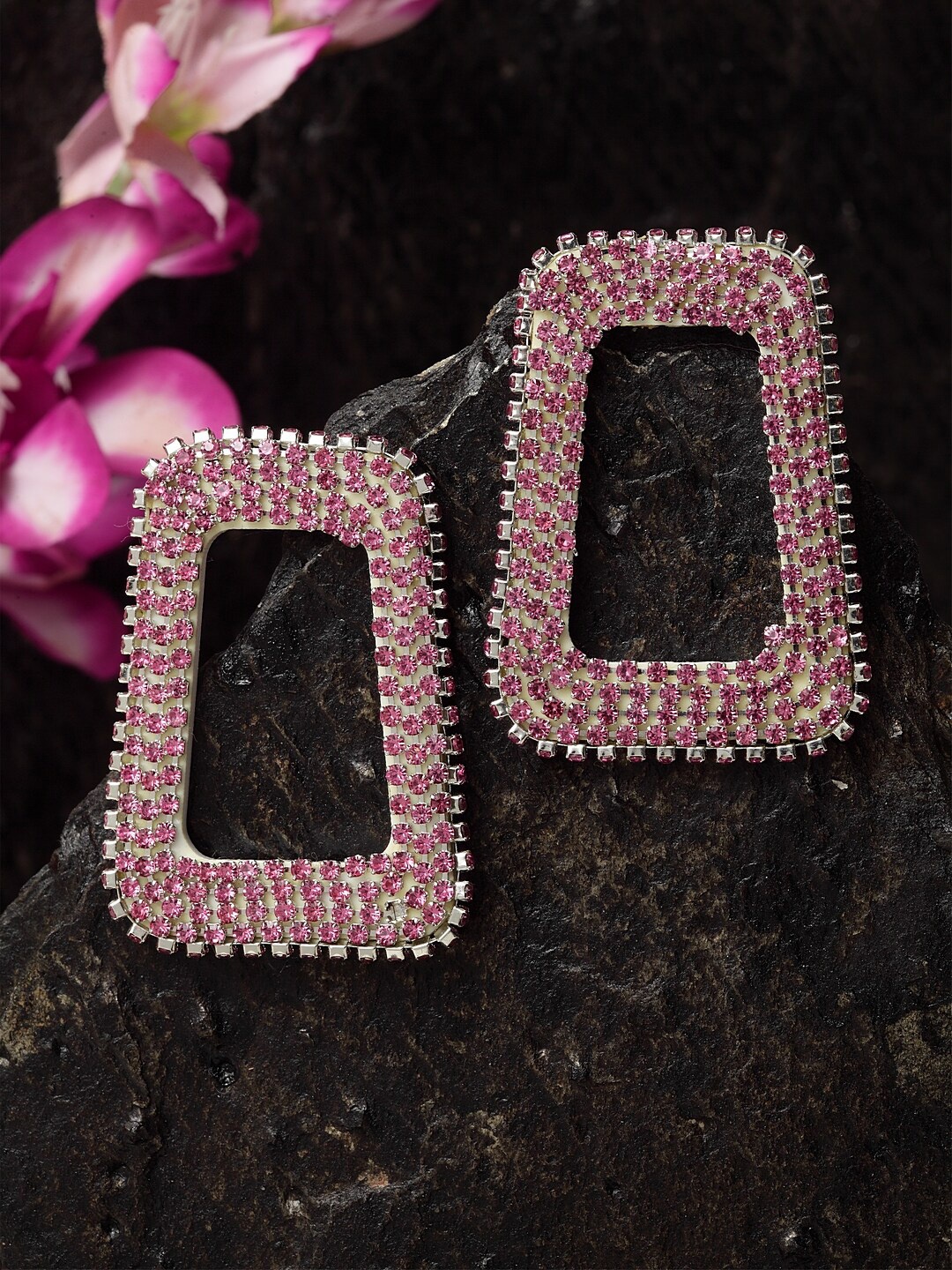

Madame Gold-Plated & Pink Rhinestone Studded Square Studs, Silver