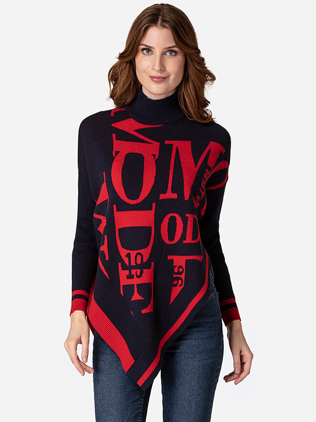 

Mode by Red Tape Women Navy Blue & Red Typography Printed Pullover