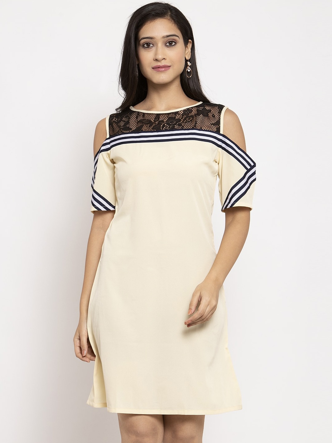 

Karmic Vision Women Beige Striped A-Line Dress
