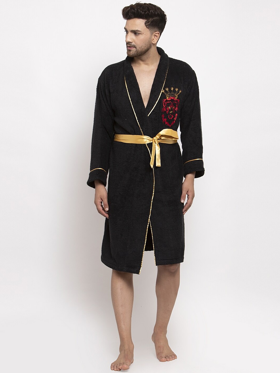 

DECOREALM Men Black & Gold-Coloured Embroidered Bath Robe