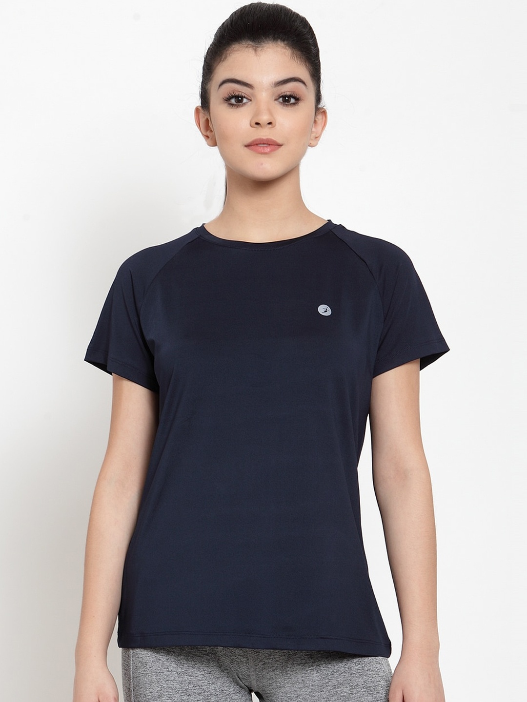 

BUKKUM Women Navy Blue Solid Round Neck T-shirt