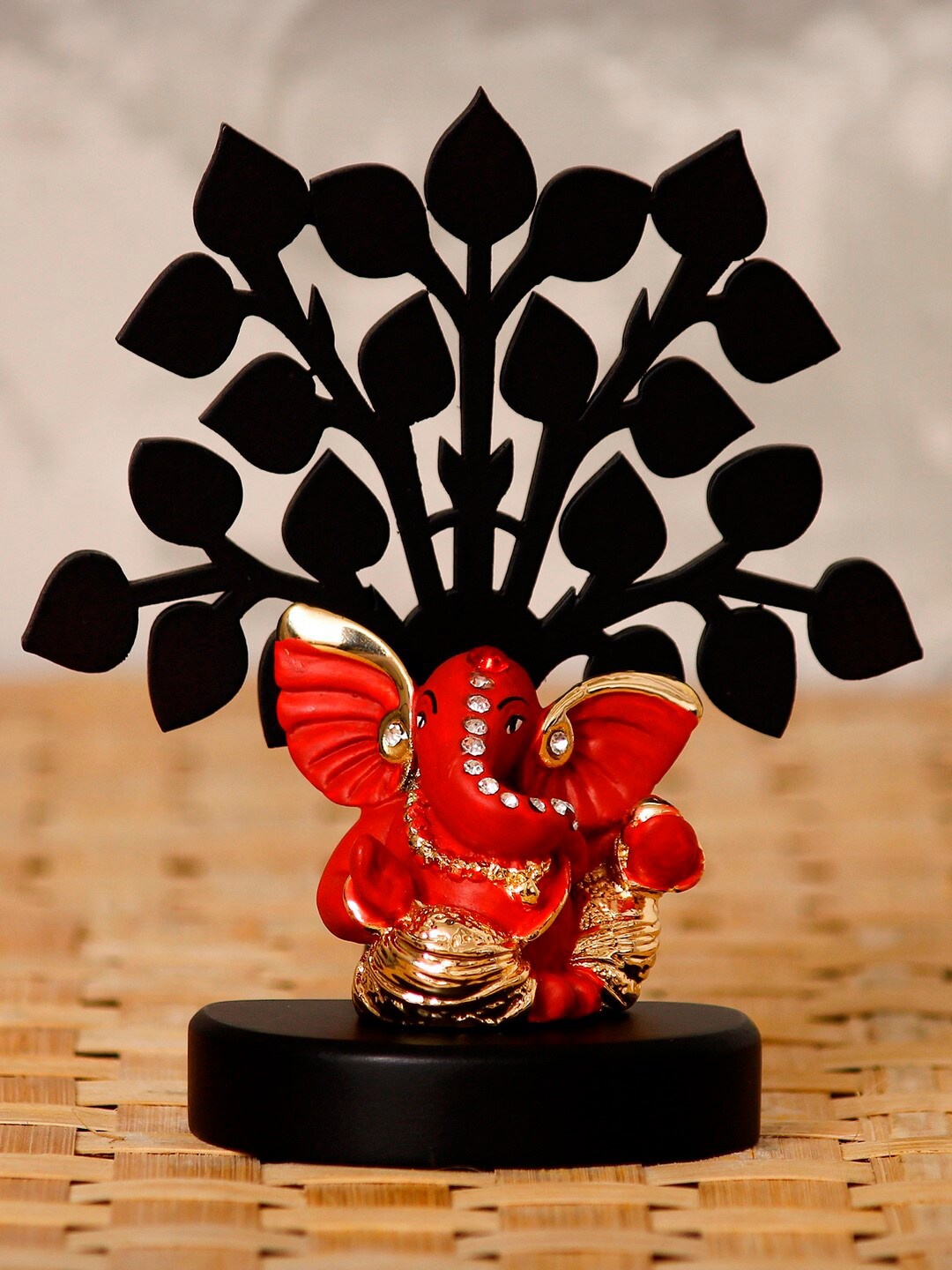 

eCraftIndia Gold-Plated Orange & Black Mini Kaan Ganesha With Wooden Tree Showpiece
