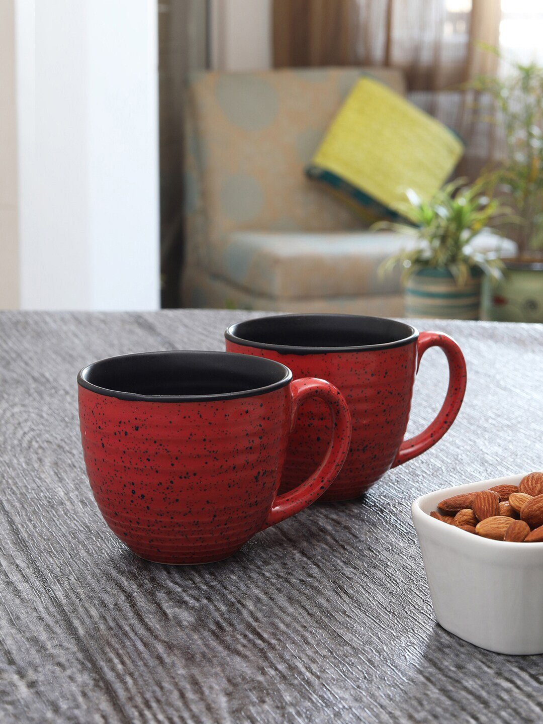 

MIAH Decor Set of 2 Red & Black Studio Pottery Ceramic Glazed Coffee Mugs