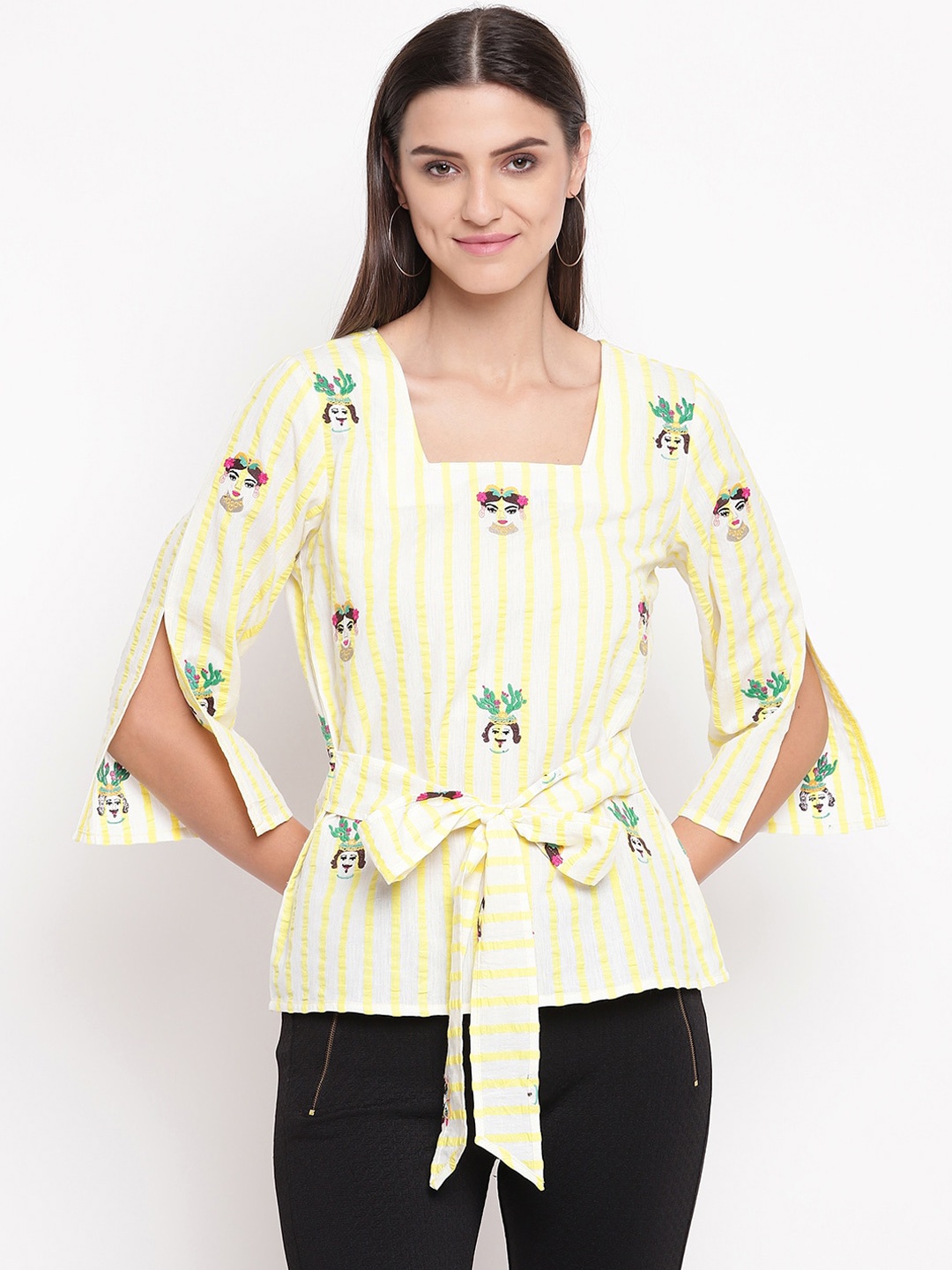 

AKIMIA Women Yellow & White Striped Cinched Waist Pure Cotton Top