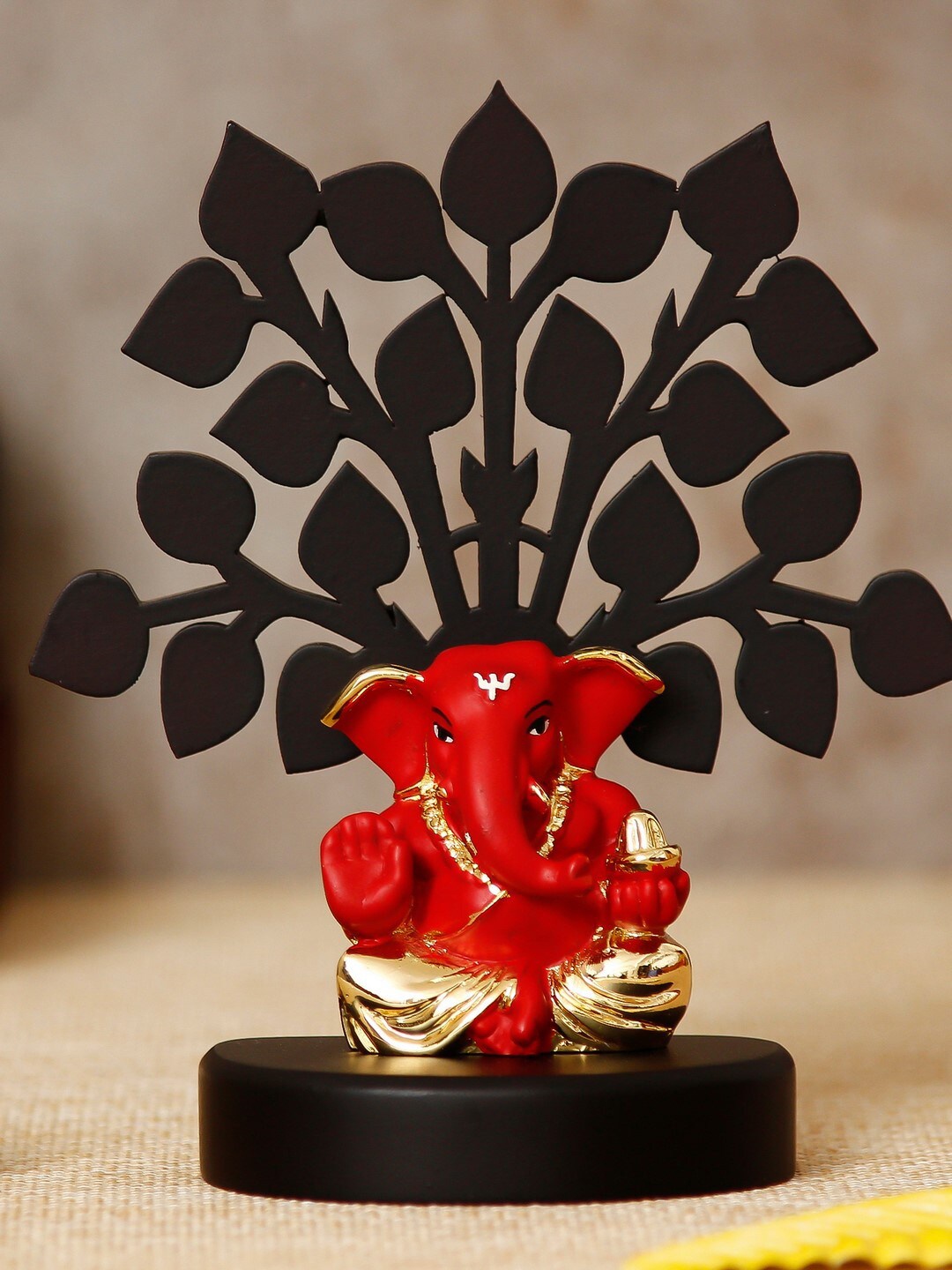

eCraftIndia Gold Plated Red & Gold-Toned Ganesha With Wooden Tree Showpiece