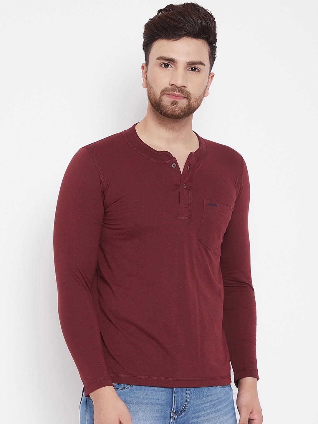 Adobe Men Maroon Solid Henley Neck T-shirt