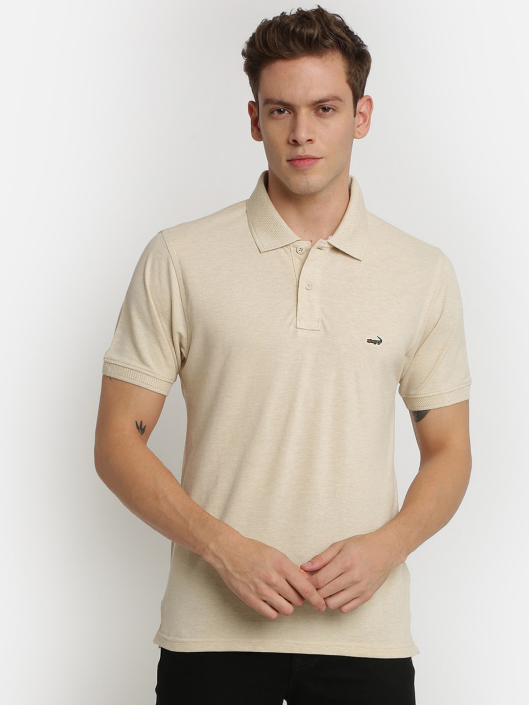 

Crocodile Men Beige Slim Fit Solid Polo Collar T-shirt