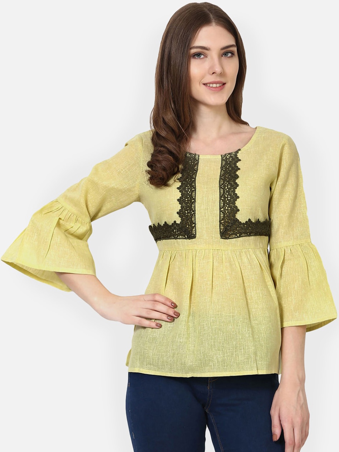 

AKIMIA Lime Green Bell Sleeves Pure Cotton Empire Top
