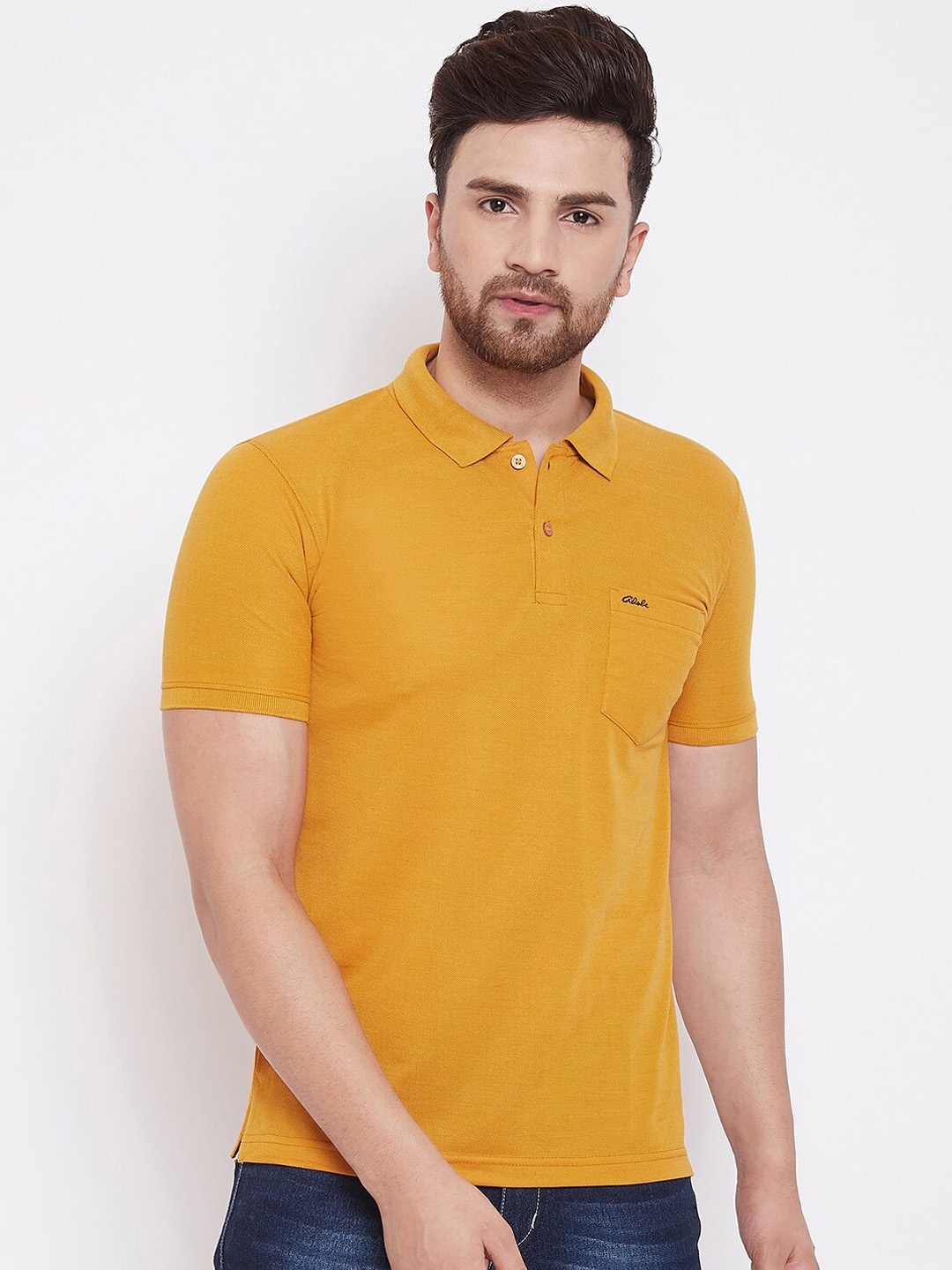 

Adobe Men Mustard Yellow Solid Polo Collar T-shirt