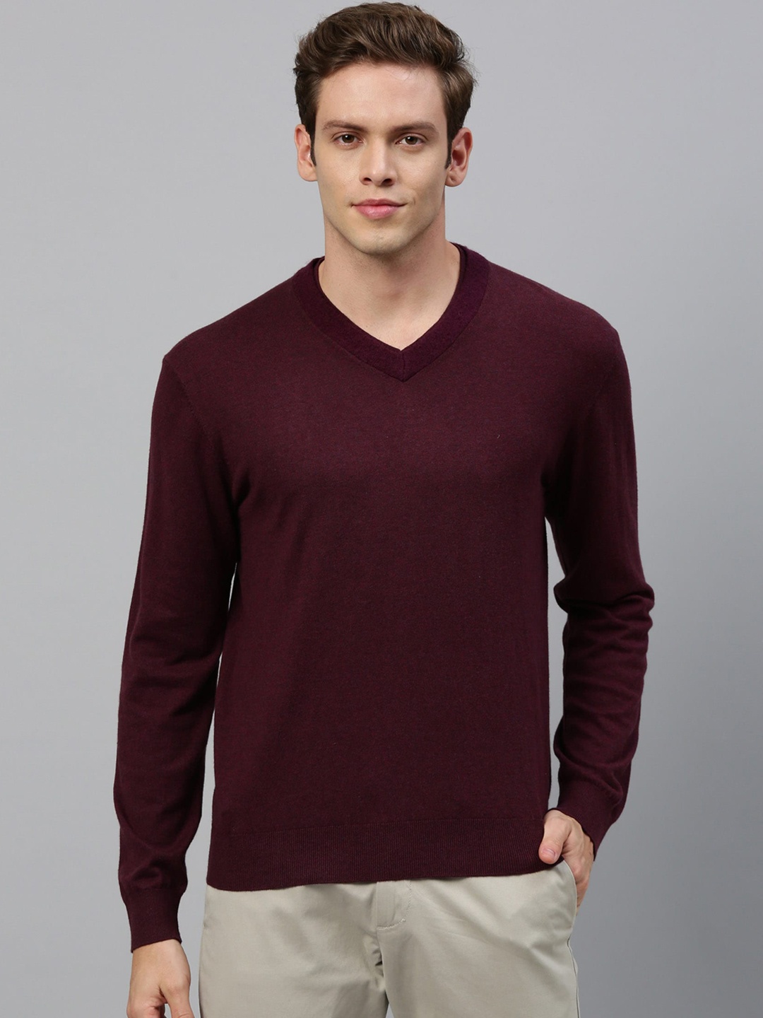 

RARE RABBIT Men Burgundy Solid Pullover Sweater