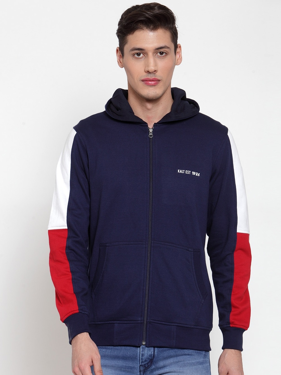 Kalt Men Navy Blue Solid Bomber Hooded Jacket