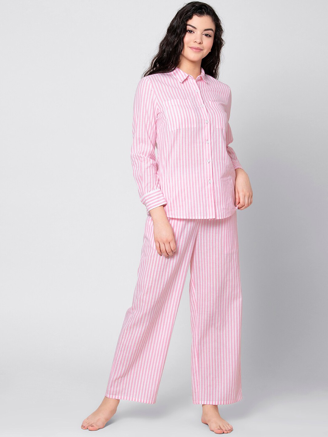 

FabAlley Women Pink & White Striped Pure Cotton Night suit